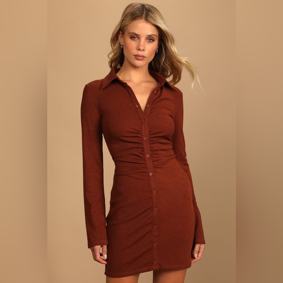 Lulus A Little Prep Rust Brown Button-Up Bodycon Mini Dress - Picture 1 of 8